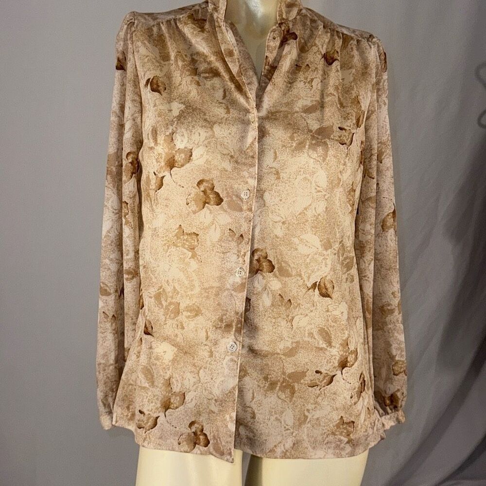 Vintage Tan Cream Sheer Nylon Blend Floral Leaf Button Down Blouse Size 12